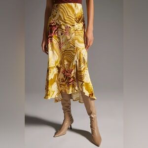 Anthropologie women’s xs yellow midi flounced skirt patterned
